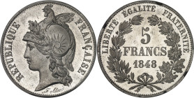 FRANCE
IIe République (1848-1852). Essai de 5 francs, concours de Alard, Frappe spéciale (SP) 1848, Paris.
Av. RÉPUBLIQUE FRANÇAISE. Buste de la Répub...