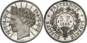 FRANCE
IIe République (1848-1852). Essai de 5 francs, concours de Barre, Frappe spéciale (SP) 1848, Paris.
Av. RÉPUBLIQUE FRANÇAISE. Buste de la Répub...