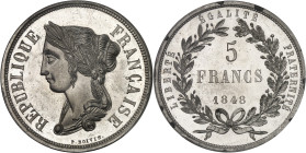 FRANCE
IIe République (1848-1852). Essai de 5 francs, concours de Boivin, Frappe spéciale (SP) 1848, Paris.
Av. REPUBLIQUE FRANÇAISE. Buste de la Répu...