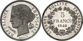 FRANCE
IIe République (1848-1852). Essai de 5 francs, concours de Borrel, Frappe spéciale (SP) 1848, Paris.
Av. REPUBLIQUE FRANÇAISE. Buste de la Répu...