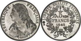 FRANCE
IIe République (1848-1852). Essai de 5 francs, concours de Bouchon, Frappe spéciale (SP) 1848, Paris.
Av. REPUBLIQUE FRANÇAISE. Buste de la Rép...