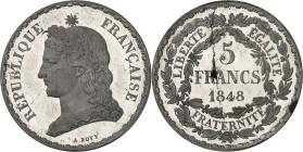 FRANCE
IIe République (1848-1852). Essai de 5 francs, concours de Bovy, Frappe spéciale (SP) 1848, Paris.
Av. REPUBLIQUE FRANÇAISE. Buste de la Républ...