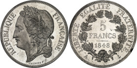 FRANCE
IIe République (1848-1852). Essai de 5 francs, concours de Caunois, Frappe spéciale (SP) 1848, Paris.
Av. REPUBLIQUE FRANÇAISE. Buste de la Rép...