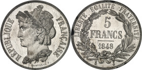 FRANCE
IIe République (1848-1852). Essai de 5 francs, concours de Dantzell, Frappe spéciale (SP) 1848, Paris.
Av. RÉPUBLIQUE FRANÇAISE. Buste de la Ré...