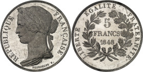 FRANCE
IIe République (1848-1852). Essai de 5 francs, concours de Desbœufs, Frappe spéciale (SP) 1848, Paris.
Av. RÉPUBLIQUE FRANÇAISE. Buste de la Ré...