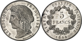 FRANCE
IIe République (1848-1852). Essai de 5 francs, concours de Dieudonné, Frappe spéciale (SP) 1848, Paris.
Av. RÉPUBLIQUE FRANÇAISE. Buste de la R...