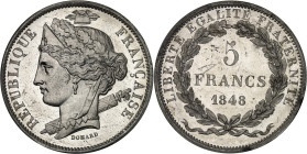 FRANCE
IIe République (1848-1852). Essai de 5 francs, concours de Domard, Frappe spéciale (SP) 1848, Paris.
Av. RÉPUBLIQUE FRANÇAISE. Buste de la Répu...