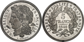 FRANCE
IIe République (1848-1852). Essai de 5 francs, concours de Farochon, Frappe spéciale (SP) 1848, Paris.
Av. RÉPUBLIQUE FRANÇAISE. Buste de la Ré...