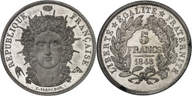 FRANCE
IIe République (1848-1852). Essai de 5 francs, 2e concours de Farochon, Frappe spéciale (SP) 1848, Paris.
Av. RÉPUBLIQUE FRANÇAISE. Buste de la...