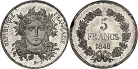 FRANCE
IIe République (1848-1852). Essai de 5 francs, 3e concours de Gayrard, Frappe spéciale (SP) 1848, Paris.
Av. RÉPUBLIQUE FRANÇAISE. Buste de la ...