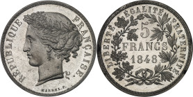 FRANCE
IIe République (1848-1852). Essai de 5 francs, concours de Marrel, Frappe spéciale (SP) 1848, Paris.
Av. RÉPUBLIQUE FRANÇAISE. Buste de la Répu...
