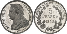 FRANCE
IIe République (1848-1852). Essai de 5 francs, concours de Montagny, Frappe spéciale (SP) 1848, Paris.
Av. RÉPUBLIQUE FRANÇAISE. Buste de la Ré...