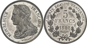 FRANCE
IIe République (1848-1852). Essai de 5 francs, concours de Montagny, Frappe spéciale (SP) 1848, Paris.
Av. RÉPUBLIQUE FRANÇAISE. Buste de la Ré...