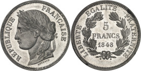 FRANCE
IIe République (1848-1852). Essai de 5 francs, concours de Reynaud, Frappe spéciale (SP) 1848, Paris.
Av. RÉPUBLIQUE FRANÇAISE. Tête de la Répu...