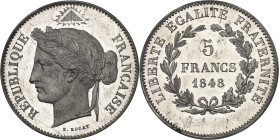 FRANCE
IIe République (1848-1852). Essai de 5 francs, concours de Rogat, Frappe spéciale (SP) 1848, Paris.
Av. RÉPUBLIQUE FRANÇAISE. Tête de la Républ...