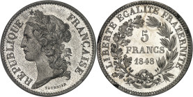 FRANCE
IIe République (1848-1852). Essai de 5 francs, concours de Tournier, Frappe spéciale (SP) 1848, Paris.
Av. RÉPUBLIQUE FRANÇAISE. Tête de la Rép...