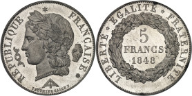 FRANCE
IIe République (1848-1852). Essai de 5 francs, concours de Vauthier-Galle, Frappe spéciale (SP) 1848, Paris.
Av. RÉPUBLIQUE FRANÇAISE. Tête de ...