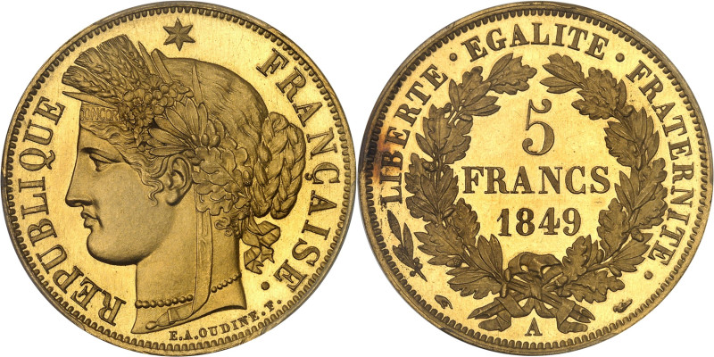 FRANCE
IIe République (1848-1852). Épreuve de 5 francs Cérès en Or, Frappe spéc...