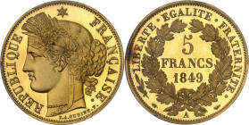 FRANCE
IIe République (1848-1852). Épreuve de 5 francs Cérès en Or, Frappe spéciale (SP) 1849, A, Paris.
Av. RÉPUBLIQUE FRANÇAISE. Tête de la Républ...