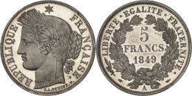 FRANCE
IIe République (1848-1852). 5 francs Cérès, Flan bruni (PROOF) 1849, A, Paris.
Av. RÉPUBLIQUE FRANÇAISE. Tête de la République à gauche en Cérè...