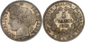 FRANCE
IIe République (1848-1852). 5 francs Cérès 1849, A, Paris.
Av. RÉPUBLIQUE FRANÇAISE. Tête de la République à gauche en Cérès, sous une étoile, ...
