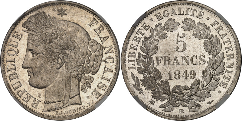 FRANCE
IIe République (1848-1852). 5 francs Cérès 1849, BB, Strasbourg.
Av. RÉPU...