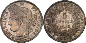 FRANCE
IIe République (1848-1852). 5 francs Cérès 1849, BB, Strasbourg.
Av. RÉPUBLIQUE FRANÇAISE. Tête de la République à gauche en Cérès, sous une ét...