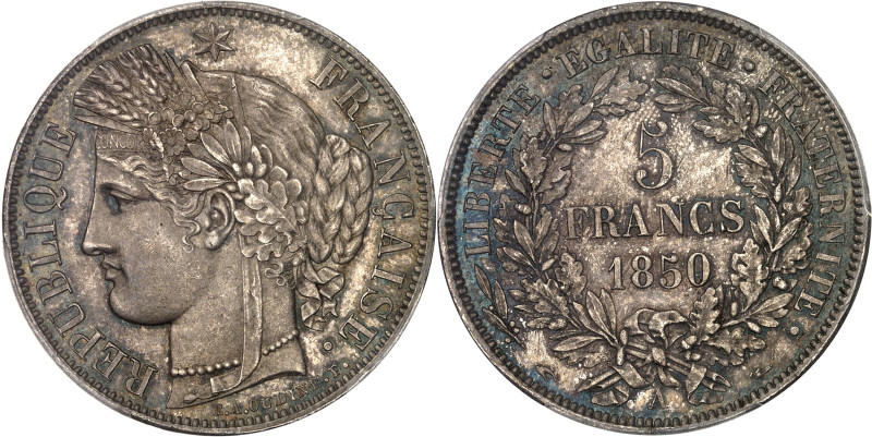FRANCE
IIe République (1848-1852). 5 francs Cérès 1850, A, Paris.
Av. RÉPUBLIQUE...
