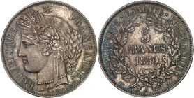 FRANCE
IIe République (1848-1852). 5 francs Cérès 1850, A, Paris.
Av. RÉPUBLIQUE FRANÇAISE. Tête de la République à gauche en Cérès, sous une étoile, ...