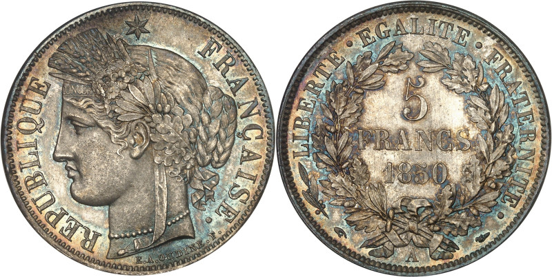 FRANCE
IIe République (1848-1852). 5 francs Cérès 1850, A, Paris.
Av. RÉPUBLIQUE...