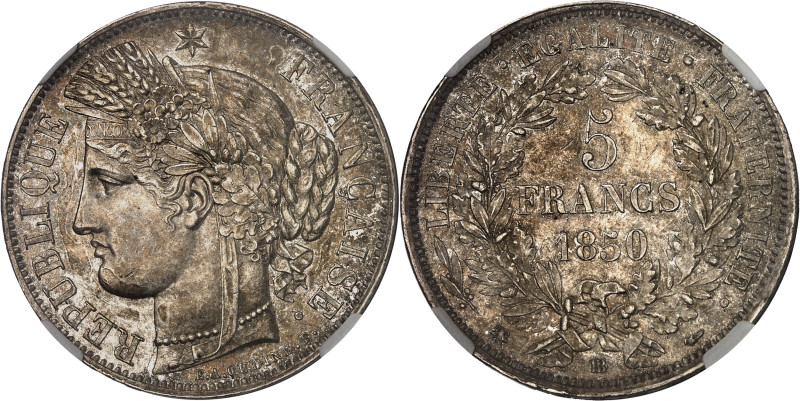 FRANCE
IIe République (1848-1852). 5 francs Cérès 1850, BB, Strasbourg.
Av. RÉPU...