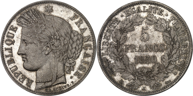 FRANCE
IIe République (1848-1852). 5 francs Cérès 1850, K, Bordeaux.
Av. RÉPUBLI...