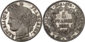 FRANCE
IIe République (1848-1852). 5 francs Cérès 1850, K, Bordeaux.
Av. RÉPUBLIQUE FRANÇAISE. Tête de la République à gauche en Cérès, sous une étoil...