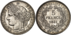 FRANCE
IIe République (1848-1852). 5 francs Cérès 1851, A, Paris.
Av. RÉPUBLIQUE FRANÇAISE. Tête de la République à gauche en Cérès, sous une étoile, ...