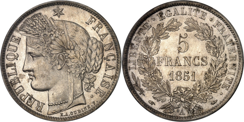 FRANCE
IIe République (1848-1852). 5 francs Cérès 1851, A, Paris.
Av. RÉPUBLIQUE...