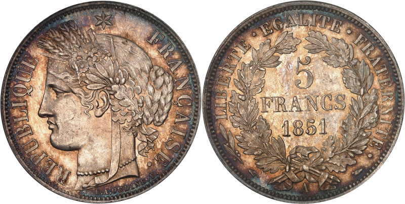 FRANCE
IIe République (1848-1852). 5 francs Cérès 1851, A, Paris.
Av. RÉPUBLIQUE...