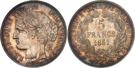 FRANCE
IIe République (1848-1852). 5 francs Cérès 1851, A, Paris.
Av. RÉPUBLIQUE FRANÇAISE. Tête de la République à gauche en Cérès, sous une étoile, ...