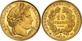 FRANCE
IIe République (1848-1852). 10 francs Cérès 1850, A, Paris.
Av. RÉPUBLIQUE FRANÇAISE. Tête de la République à droite en Cérès, sous une étoile,...