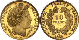 FRANCE
IIe République (1848-1852). 10 francs Cérès, Flan bruni (PROOF) 1851, A, Paris.
Av. RÉPUBLIQUE FRANÇAISE. Tête de la République à droite en Cér...