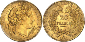 FRANCE
IIe République (1848-1852). 20 francs Cérès 1851, A, Paris.
Av. RÉPUBLIQUE FRANÇAISE. Tête de la République à droite en Cérès, sous une étoile,...