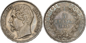 FRANCE
IIe République (1848-1852). 5 francs J. J. BARRE, 2e épreuve, tranche en relief 1852, A, Paris.
Av. (différent) LOUIS-NAPOLEON BONAPARTE (diffé...