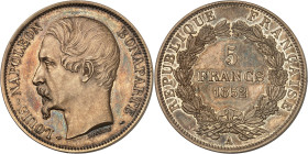 FRANCE
IIe République (1848-1852). 5 francs J. J. BARRE, 3e épreuve, tranche lisse, en argent doré (vermeil) 1852, A, Paris.
Av. LOUIS-NAPOLEON BONAPA...