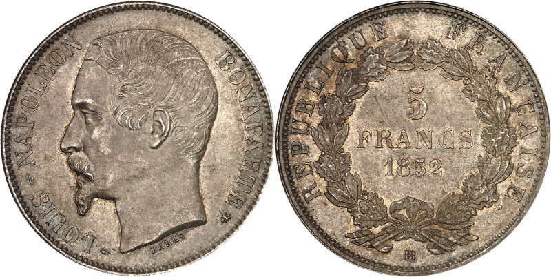 FRANCE
IIe République (1848-1852). 5 francs Louis-Napoléon Bonaparte 1852, BB, S...