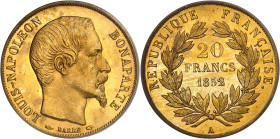 FRANCE
IIe République (1848-1852). 20 francs Louis-Napoléon Bonaparte 1852, A, Paris.
Av. LOUIS-NAPOLEON BONAPARTE. Tête nue à droite. Au-dessous, sig...