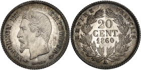 FRANCE
Second Empire / Napoléon III (1852-1870). 20 centimes tête nue 1860, A, Paris.
Av. (différent) NAPOLEON III - EMPEREUR (différent). Tête nue à ...