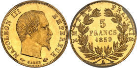FRANCE
Second Empire / Napoléon III (1852-1870). 5 francs tête nue, grand module 1859, A, Paris.
Av. NAPOLEON III EMPEREUR. Tête nue à droite, au-dess...