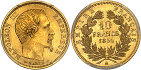 FRANCE
Second Empire / Napoléon III (1852-1870). 10 francs tête nue, petit module, tranche lisse 1854, A, Paris.
Av. NAPOLEON III EMPEREUR. Tête nue à...
