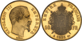 FRANCE
Second Empire / Napoléon III (1852-1870). 50 francs tête nue, aspect Flan bruni (PROOFLIKE) 1855, A, Paris.
Av. NAPOLEON III EMPEREUR. Tête nue...