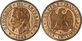 FRANCE
Second Empire / Napoléon III (1852-1870). Deux centimes tête laurée 1862, A, Paris.
Av. NAPOLEON III EMPEREUR (date). Tête laurée à gauche, au-...