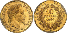 FRANCE
Second Empire / Napoléon III (1852-1870). 10 francs tête laurée 1864, A, Paris.
Av. NAPOLEON III EMPEREUR. Tête nue à droite, au-dessous (diffé...